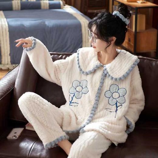 珊瑚绒睡衣女春秋冬季加厚保暖可爱法兰绒家居服公主风套装粉熊 商品图3