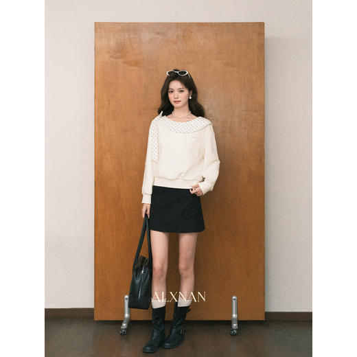 鹿向南「云朵山茶」设计感奶白色波点蝴蝶结卫衣显瘦长袖上衣女秋L58705 商品图4