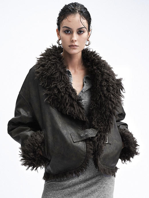 TR她热 巡游者 黑棕色环保皮保暖大翻领显瘦双面皮毛一体皮外套 商品图3