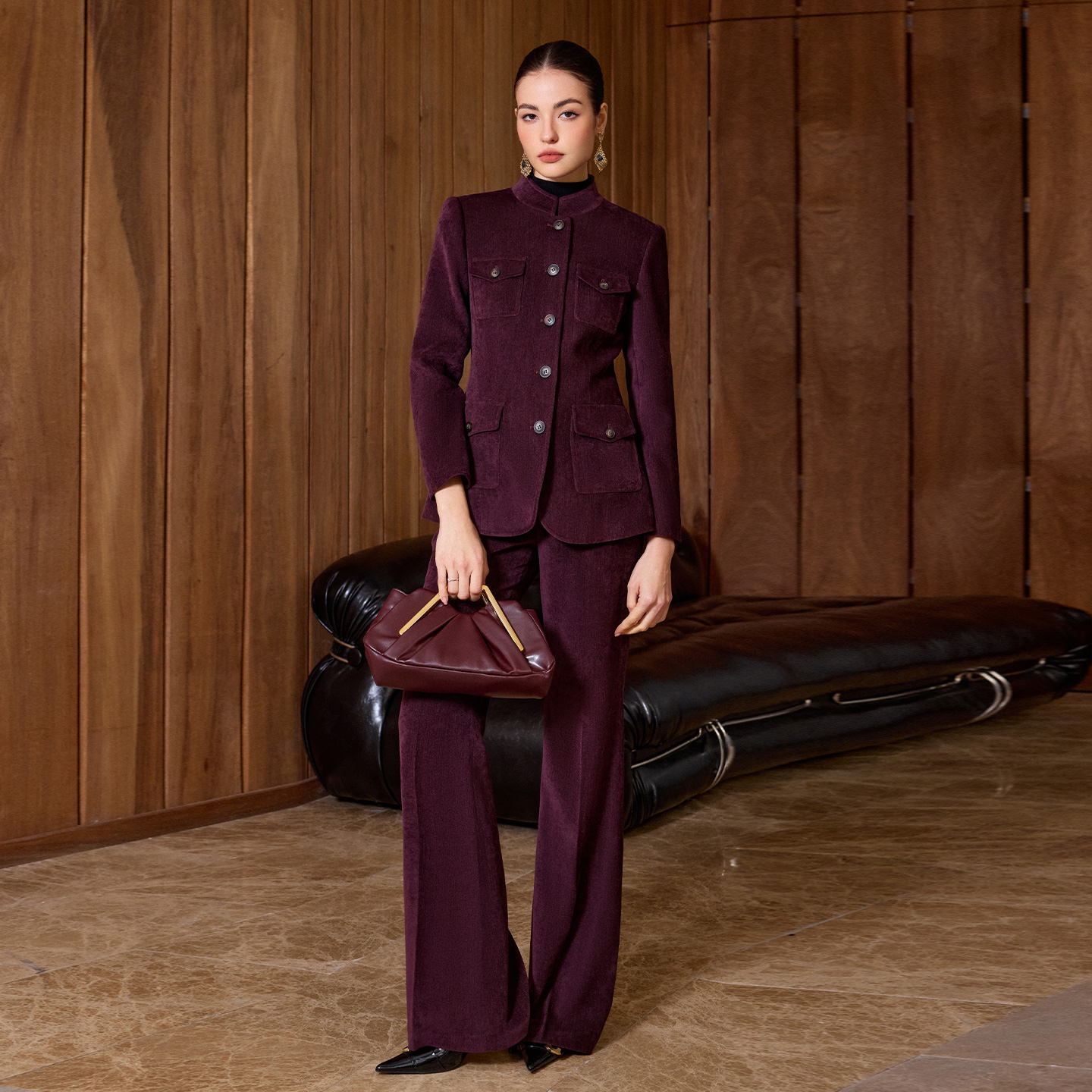 IWY/ 龙葵紫高级感雪尼尔西装套装女单排扣收腰职业装老钱风通勤阔腿裤冬季CP2594-Q