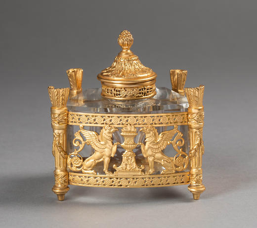 独角鹿西洋古董19世纪法国出品火炬立柱造型双翼鹰头狮身神兽主题铜鎏金精雕嵌水晶墨水瓶 商品图0