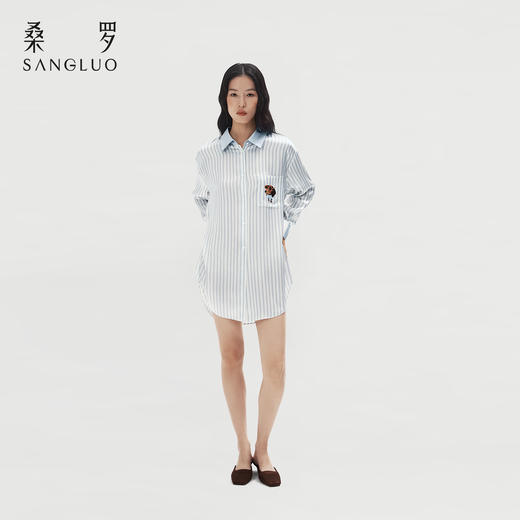 桑罗萌趣旺旺条纹印花真丝衬衫裙100%桑蚕丝女长袖家居服腊肠小狗可外穿 商品图1