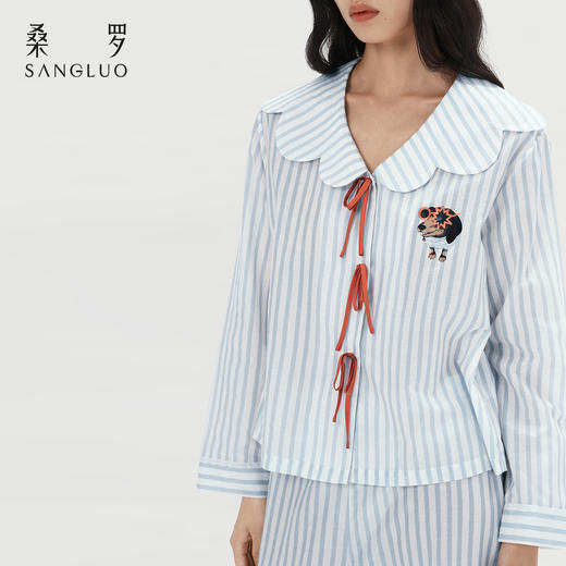 桑罗萌趣旺旺条纹印花桑蚕丝睡衣套装女娃娃领长袖家居服腊肠小狗可外穿 商品图2
