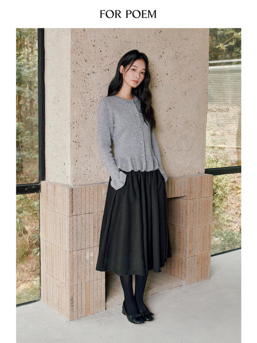 ForPoem 25/FW 原创设计荷叶边花朵扣灰色气质针织羊毛开衫外套 商品图1