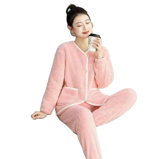 秋冬加厚加绒珊瑚绒法兰绒简约纯色长袖居家单件上衣家居服睡衣女 商品图4