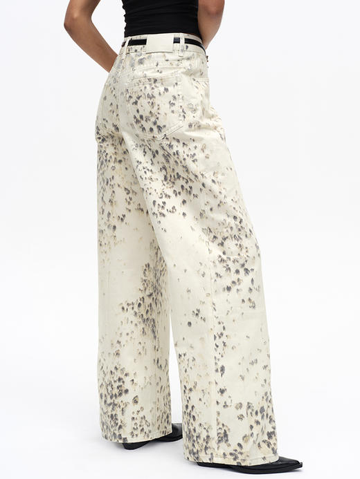 TR她热 豹豹辣 奶白色豹纹印花做旧复古个性显腿长牛仔阔腿裤长裤 商品图2