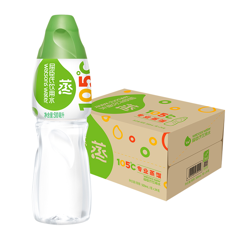 屈臣氏饮用水（蒸馏制法）百年水品牌 旅行聚会 会议用水 500ml*24瓶 整箱装（新老包装随机发）
