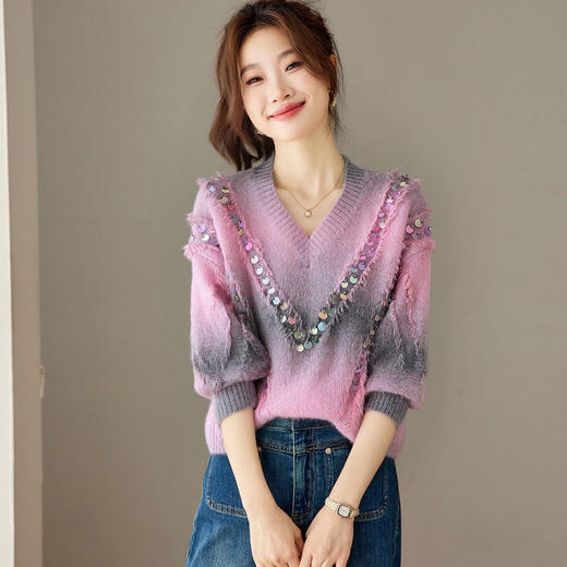 CC 2222复古渐变色V领亮片针织衫宽松毛衣遮肚流苏上衣 商品图1