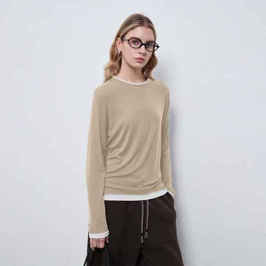 【2件9折】【Petit Bari】(多色)简约软糯天丝羊毛圆领假两件上衣 商品图1