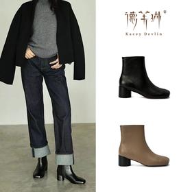 德芙琳｜鹿皮法式复古粗跟短靴女