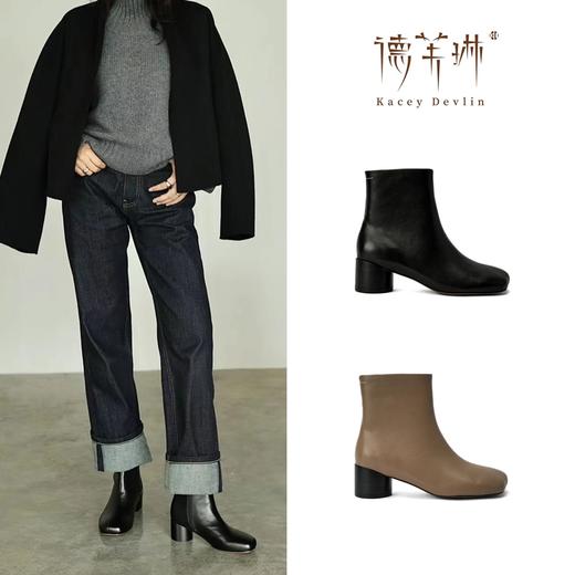 德芙琳｜鹿皮法式复古粗跟短靴女 商品图0