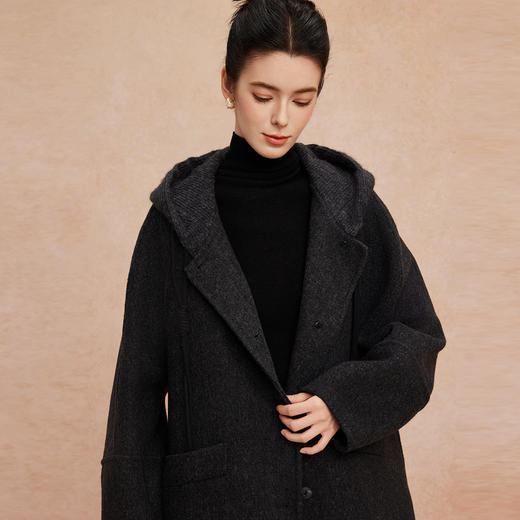 QH963斯尔丽25新款老钱松弛感针织帽兜宽松显瘦时尚减龄双面呢大衣 商品图9