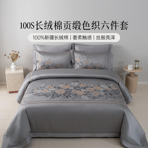 雅芳婷100S新疆长绒棉床上六件套高级感贡缎色织被套床笠床单套件 商品图0