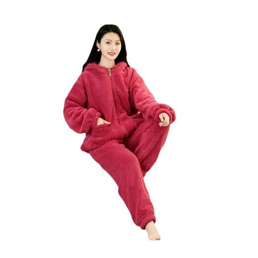 情侣睡衣冬季女生珊瑚绒加厚翻领拉链款女家居服套装保暖慵懒风 商品图2