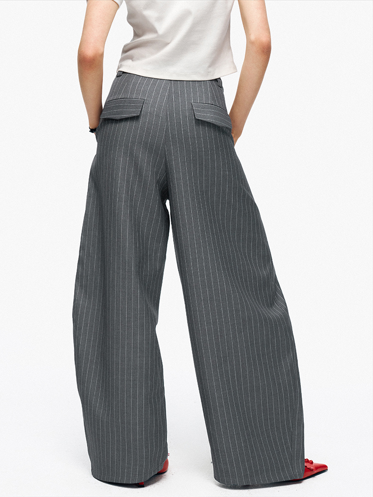 TR她热 街拍女王 灰色条纹复古通勤设计感百搭显瘦西装阔腿裤