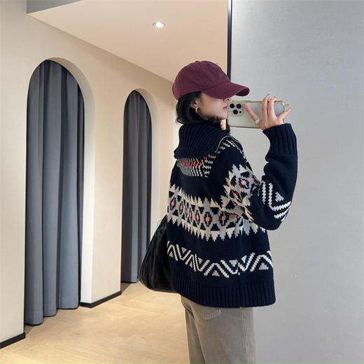 高克重！保暖复古费尔岛提花双拉链翻领针织开衫外套2025冬款！ 商品图0