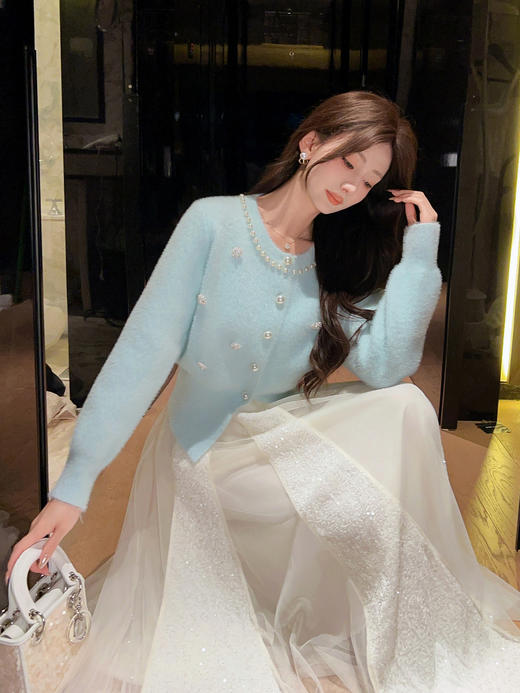 张心子【满级月光】重工镶钻水貂绒毛衣开衫绝美独特洋气上衣 U2512024 商品图7