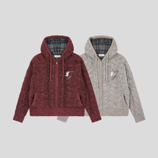 GOODBAI 冬季新款格纹拼接扭花连帽保暖毛衣外套 商品图1