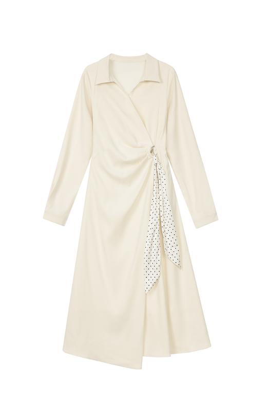 鹿向南【皎若新月】2025年秋季气质杏色连衣裙女修身显瘦A字裙子QJD00627 商品图2