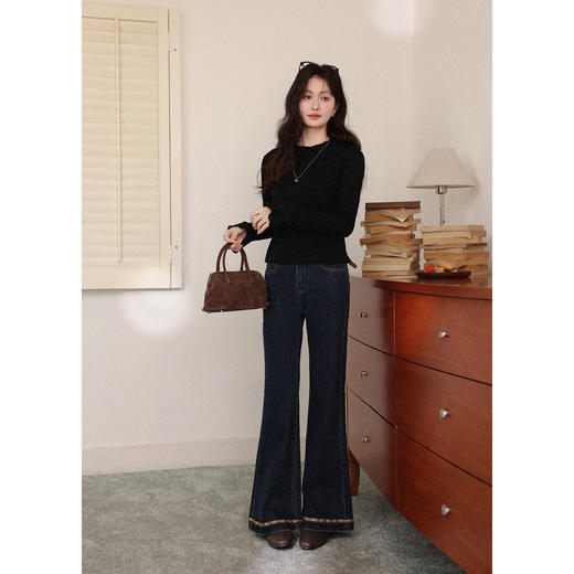 鹿向南「心语涟漪」黑色长袖t恤女秋洋气正肩修身上衣叠穿打底衫 商品图4