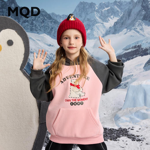 【MQD】女大童冬季新品学院风撞色插肩袖加绒卡通连帽卫衣 商品图1