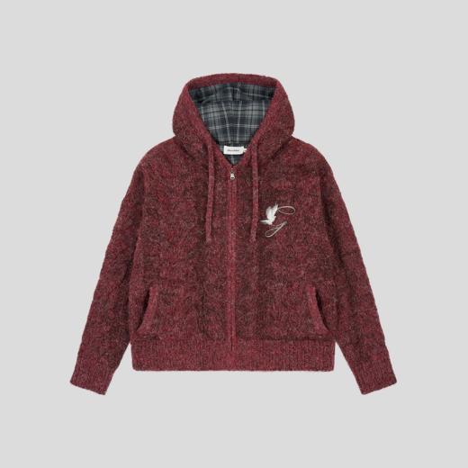 GOODBAI 冬季新款格纹拼接扭花连帽保暖毛衣外套 商品图2