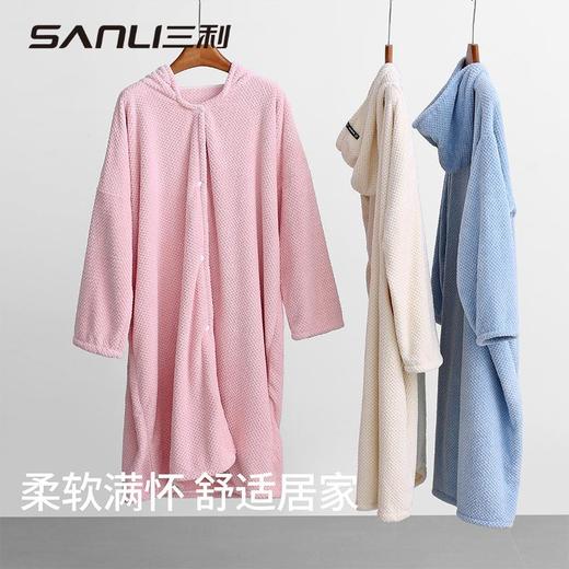 三利新款菠萝格长袖浴袍成人浴衣加厚秋冬可爱连帽睡衣珊瑚绒睡衣 商品图0