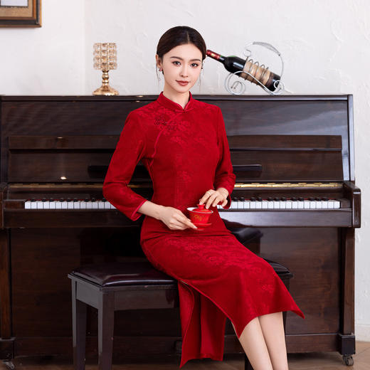 SKY 2590018旗袍婆传统大码装婚回娘家宴会酒红蕾丝旗袍 商品图2