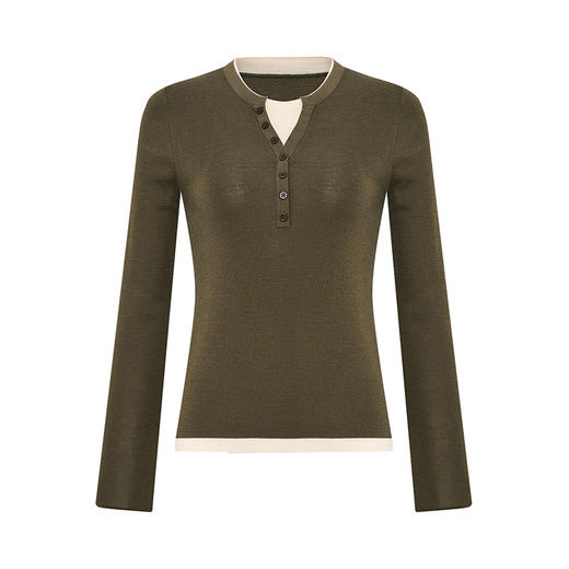 【2件9折】【Petit Bari】(多色)时髦撞色假两件亨利领羊毛针织上衣 商品图2