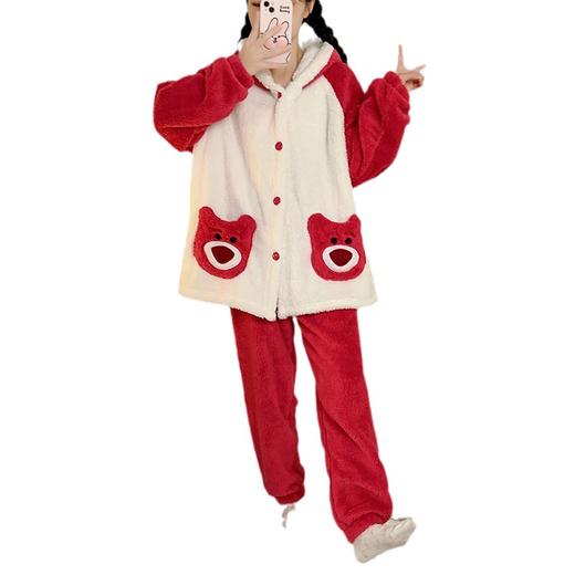可爱草莓熊连帽睡衣女秋冬新款珊瑚绒加厚加绒家居服可外穿套装 商品图4