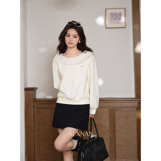 鹿向南「云朵山茶」设计感奶白色波点蝴蝶结卫衣显瘦长袖上衣女秋L58705 商品图1