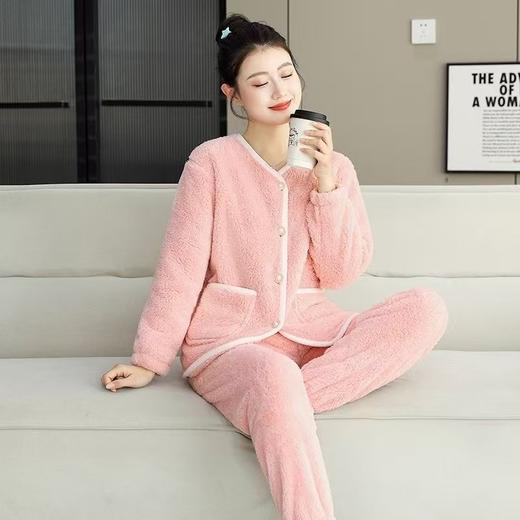 秋冬加厚加绒珊瑚绒法兰绒简约纯色长袖居家单件上衣家居服睡衣女 商品图2