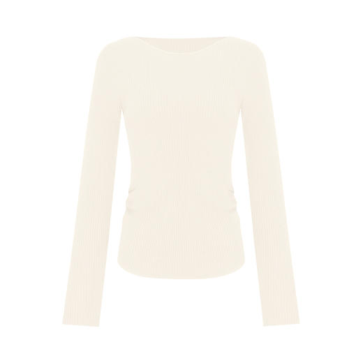 【2件9折】【Petit Bari】(多色)气质一字肩褶皱收腰修身针织衫上衣 商品图4