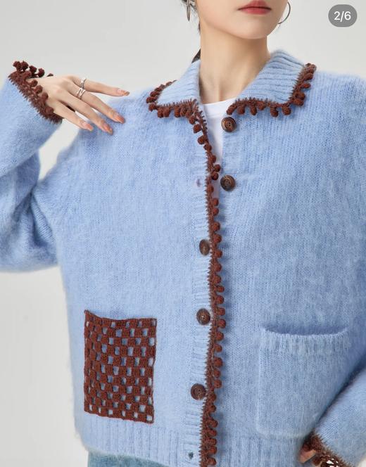 一店k （原厂纱线🧵自留款！）婴儿蓝色羊毛马海毛手工小绒球撞色针织开衫！25年复古上衣毛衣～拿捏秋冬感☃️ 奶fufu的超级温柔超级显白 商品图5
