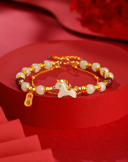 Winy玉马金福双层手链S925银镀金和田玉红宝石圣诞跨年吉祥饰品附赠证书 商品图5