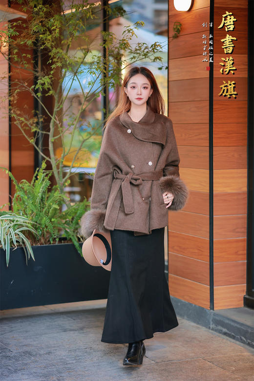 【摩卡外套】澳洲超细羊毛围领设计收腰保暖轻薄亲肤舒适摩卡棕毛袖短款大衣 商品图1