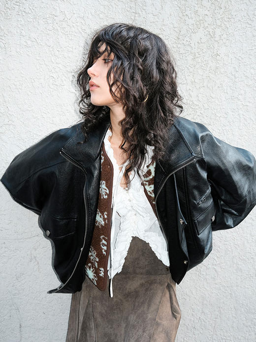 TR她热 末路狂花 黑色荔枝纹复古设计宽松挺括机能风PU皮夹克外套 商品图4