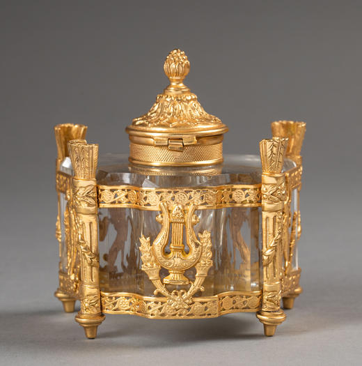 独角鹿西洋古董19世纪法国出品火炬立柱造型双翼鹰头狮身神兽主题铜鎏金精雕嵌水晶墨水瓶 商品图4