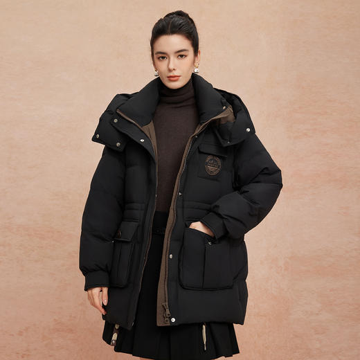 QR009斯尔丽25新款冬季连帽一手长款休闲宽松加厚90绒时尚减龄羽绒服 商品图0