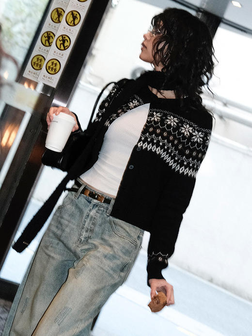 TR她热 挪威森林 黑色针织冰岛雪花费尔岛复古提花羊毛开衫外搭 商品图1