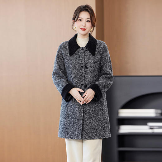 丁摩秋冬新款双面羊毛大衫单排扣撞色大衣通勤穿搭接拼领毛呢外套ALW23527 商品图1
