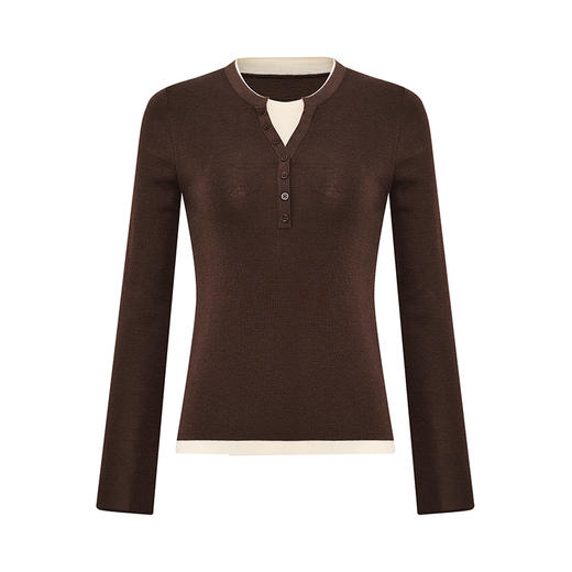 【2件9折】【Petit Bari】(多色)时髦撞色假两件亨利领羊毛针织上衣 商品图3