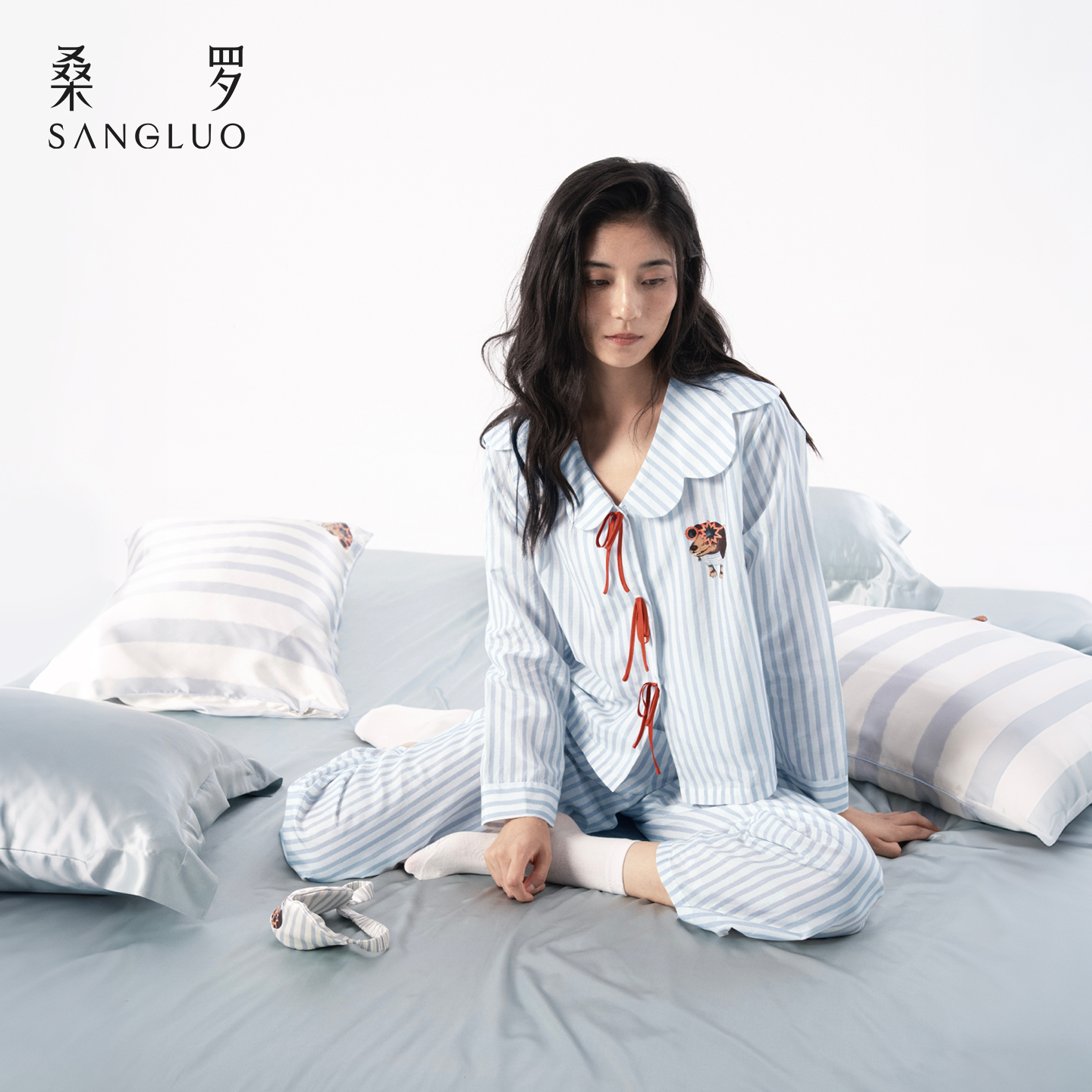 桑罗萌趣旺旺条纹印花桑蚕丝睡衣套装女娃娃领长袖家居服腊肠小狗可外穿