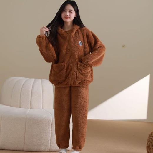 情侣睡衣冬季女生珊瑚绒加厚翻领拉链款女家居服套装保暖慵懒风 商品图1
