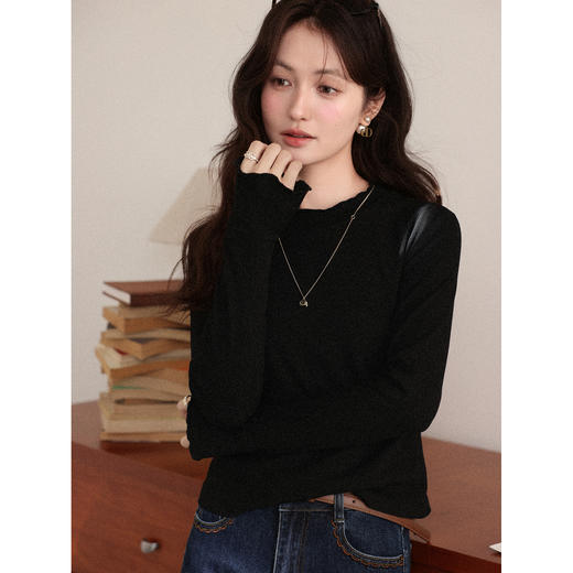 鹿向南「心语涟漪」黑色长袖t恤女秋洋气正肩修身上衣叠穿打底衫 商品图0