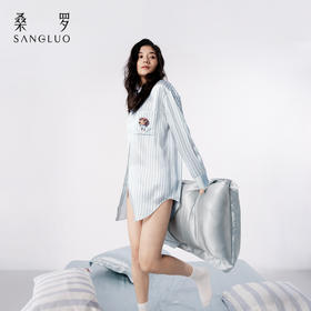 桑罗萌趣旺旺条纹印花真丝衬衫裙100%桑蚕丝女长袖家居服腊肠小狗可外穿