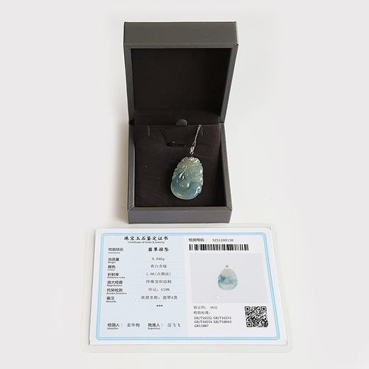 【天然正品】A货翡翠AU750白金镶天然糯冰种飘蓝花福贝翡翠吊坠项链42.8*22.7*5.9MM （皆取最大值）女士 021225NJM14特价：780 商品图1