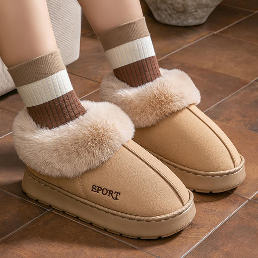 【2双更划算】宅小年 刺绣小暖炉仿皮绒包跟棉拖鞋 舒适保暖 毛绒鞋口 防滑 男款/女款 商品图3