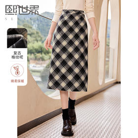 【年终特卖】熙世界文艺复古英伦风格子半身裙秋冬新款中长款包臀毛呢直筒裙