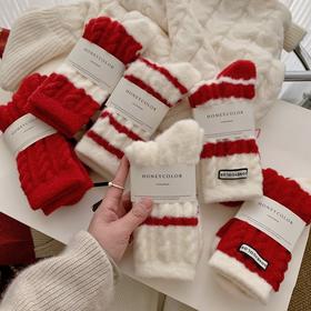 超值19.9三双！【精选优质面料❗️高级时尚简约】冬季新年澳绒袜子红色条纹女士中筒袜羊绒新年袜子 保暖加绒红袜。jb